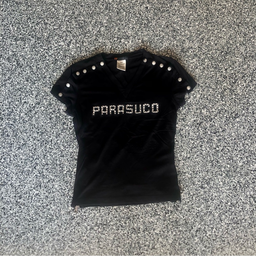 Parasuco ✦  V-Neck Y2K Silver Studded Logo Black Top (S)